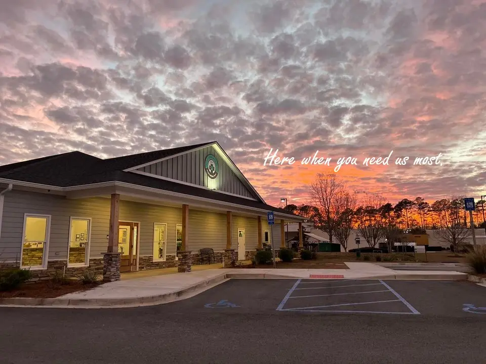 The front of Valdosta Veterinary Associates at sunset, windows lit warm under a pink and orange sky, with the words Here when you need us most