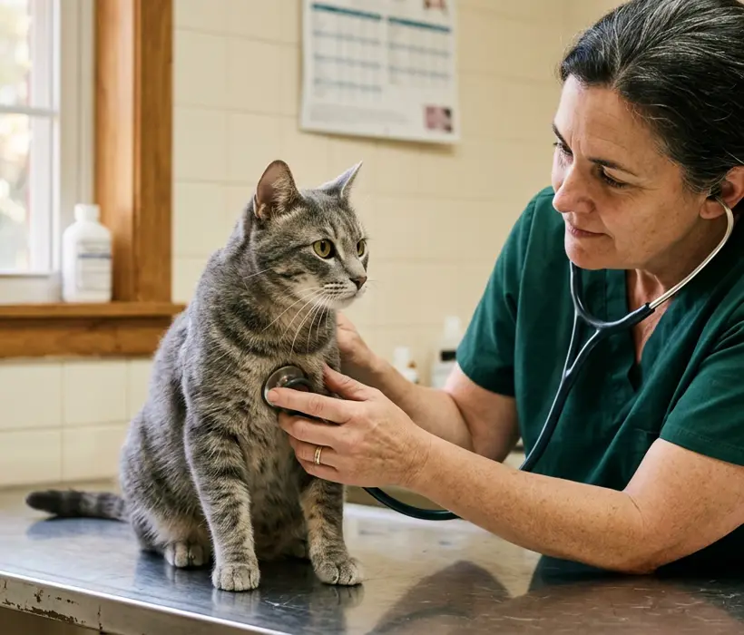 A veterinarian with a stethoscope examining a grey tabby cat sitting calmly on an exam table