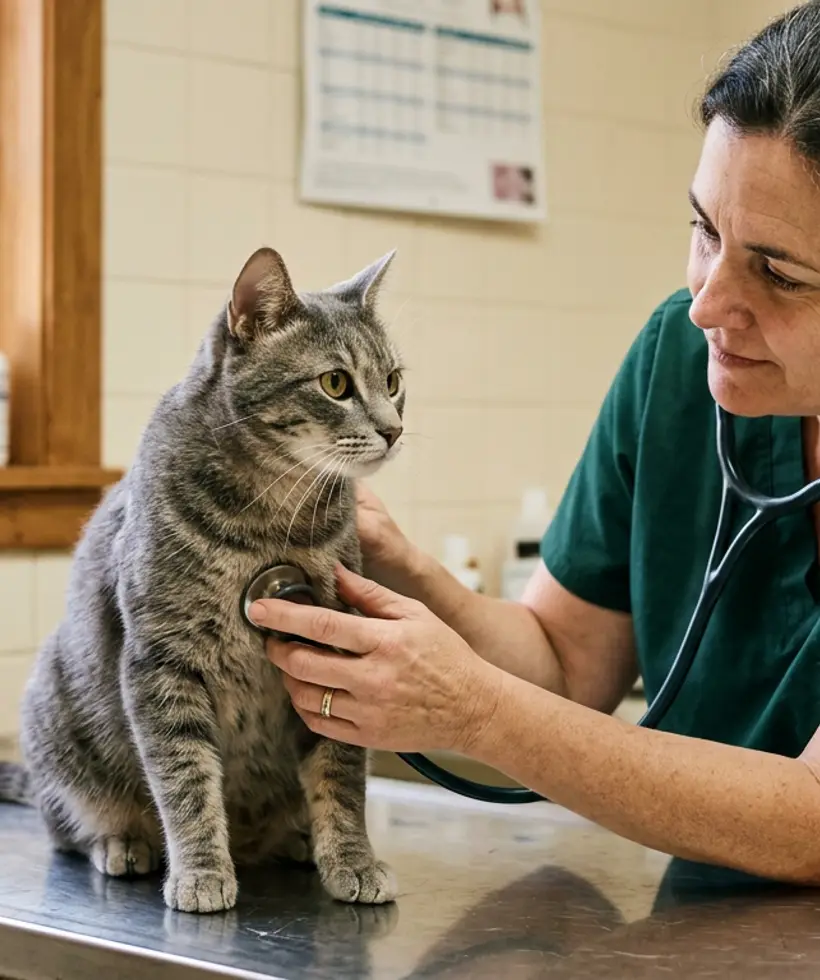 A veterinarian listening to a grey tabby cat's chest with a stethoscope on an exam table