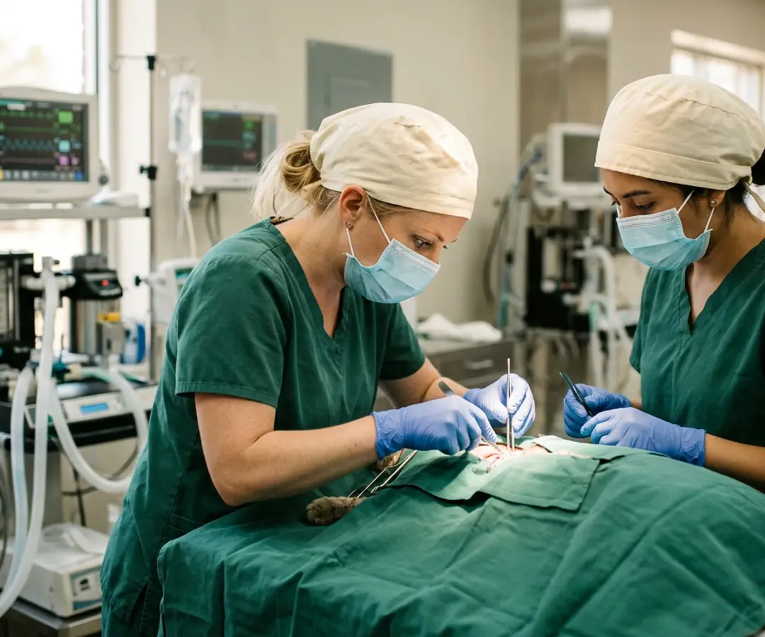 Veterinary surgeons in caps and masks working together in a lit operating suite