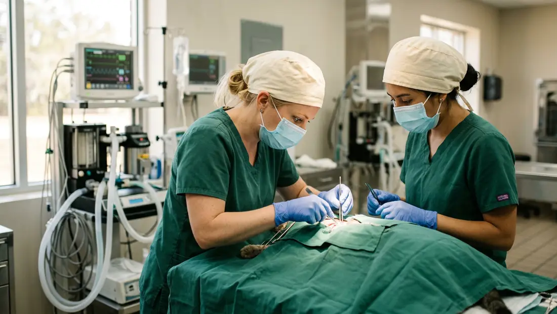 Two veterinarians in surgical caps and masks working over a draped patient in an operating suite